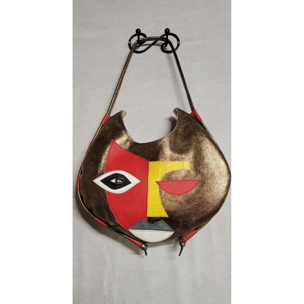 Copper With Multicolor Leather Patchwork  And Plastic Eye Trim Leather Hobo Bag